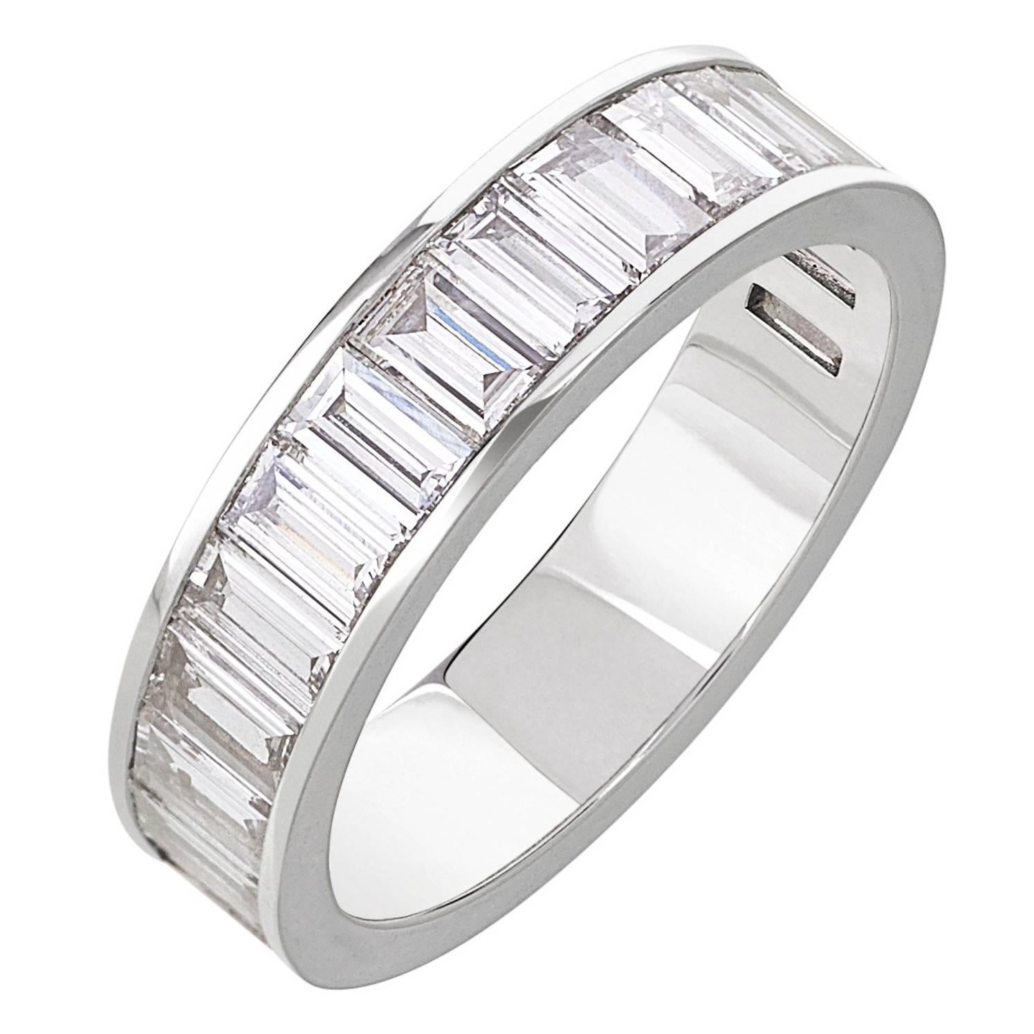 White Gold Baguette White Diamond Half Eternity Channel Set Wedding Band Ring For Sale