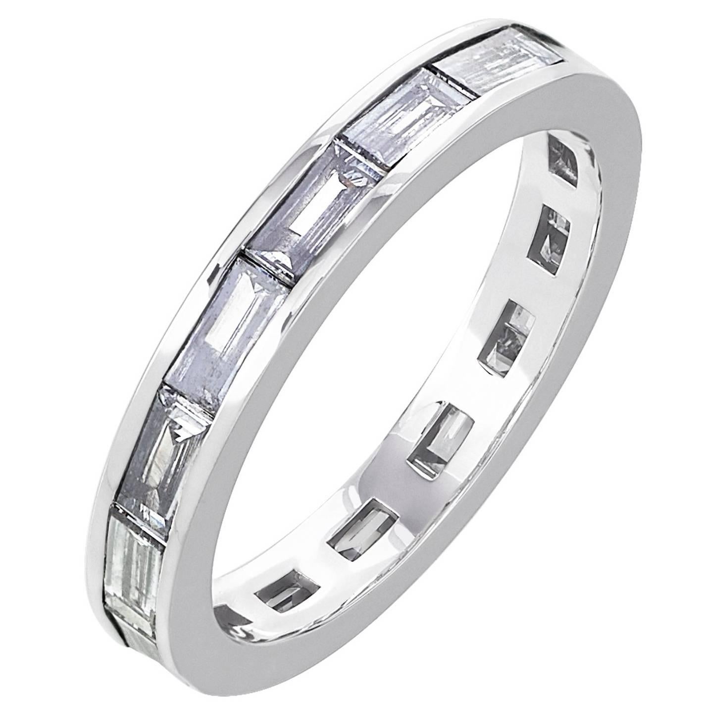 White Gold Baguette White Diamond Full Eternity Channel Set Wedding Band Ring For Sale
