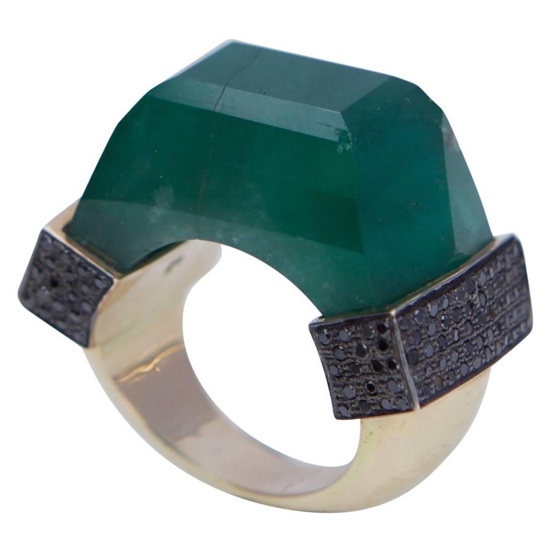 Jade Jagger Neverending Emerald Black Diamond Pave Gold Ring For Sale