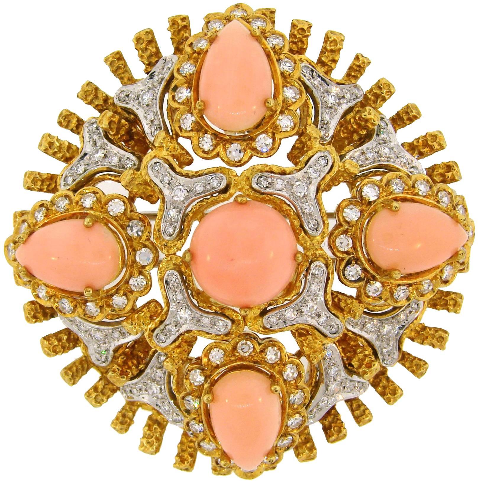 1980s Coral Diamond Yellow Gold Pendant Pin Brooch Clip