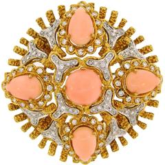 Vintage 1980s Coral Diamond Yellow Gold Pendant Pin Brooch Clip
