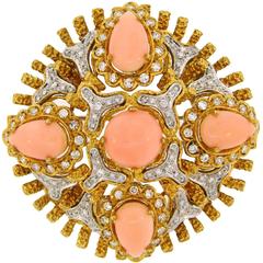 1980s Coral Diamond Yellow Gold Pendant Pin Brooch Clip 2