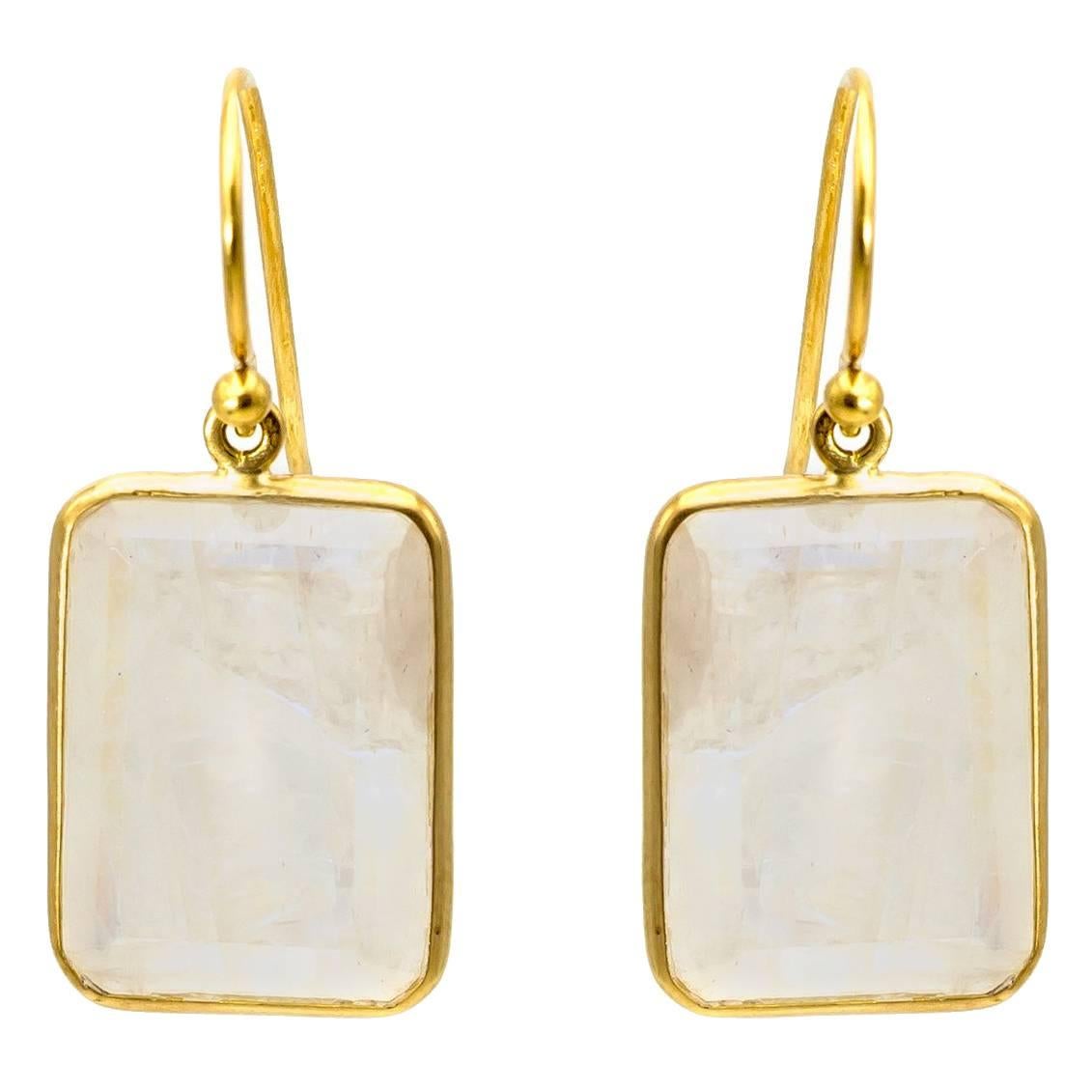 White Emerald Cut Moonstone Yellow Gold Earrings