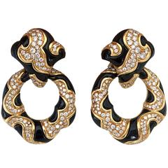 Circa 1980  Black Enamel, 18 Karat Gold White Diamonds Clip Earrings - Marina B
