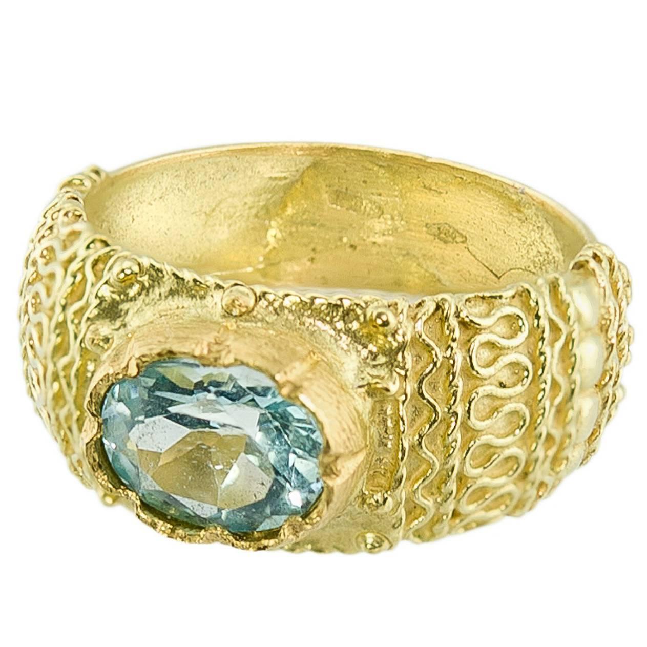 Alessandro Dari Gioielli Blue Topaz Gold Florentine Style Ring
