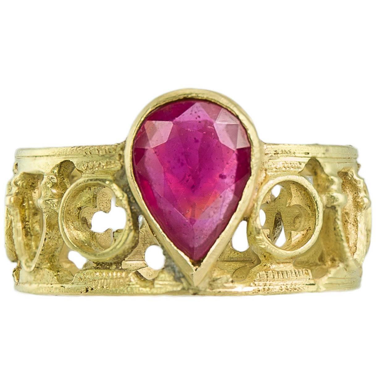 Alessandro Dari Gioielli Ruby Gold Gothic Style Ring For Sale