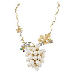 Freshwater Pearls White Yellow Gold Aquamarine Amethyst Tsavorites Necklace