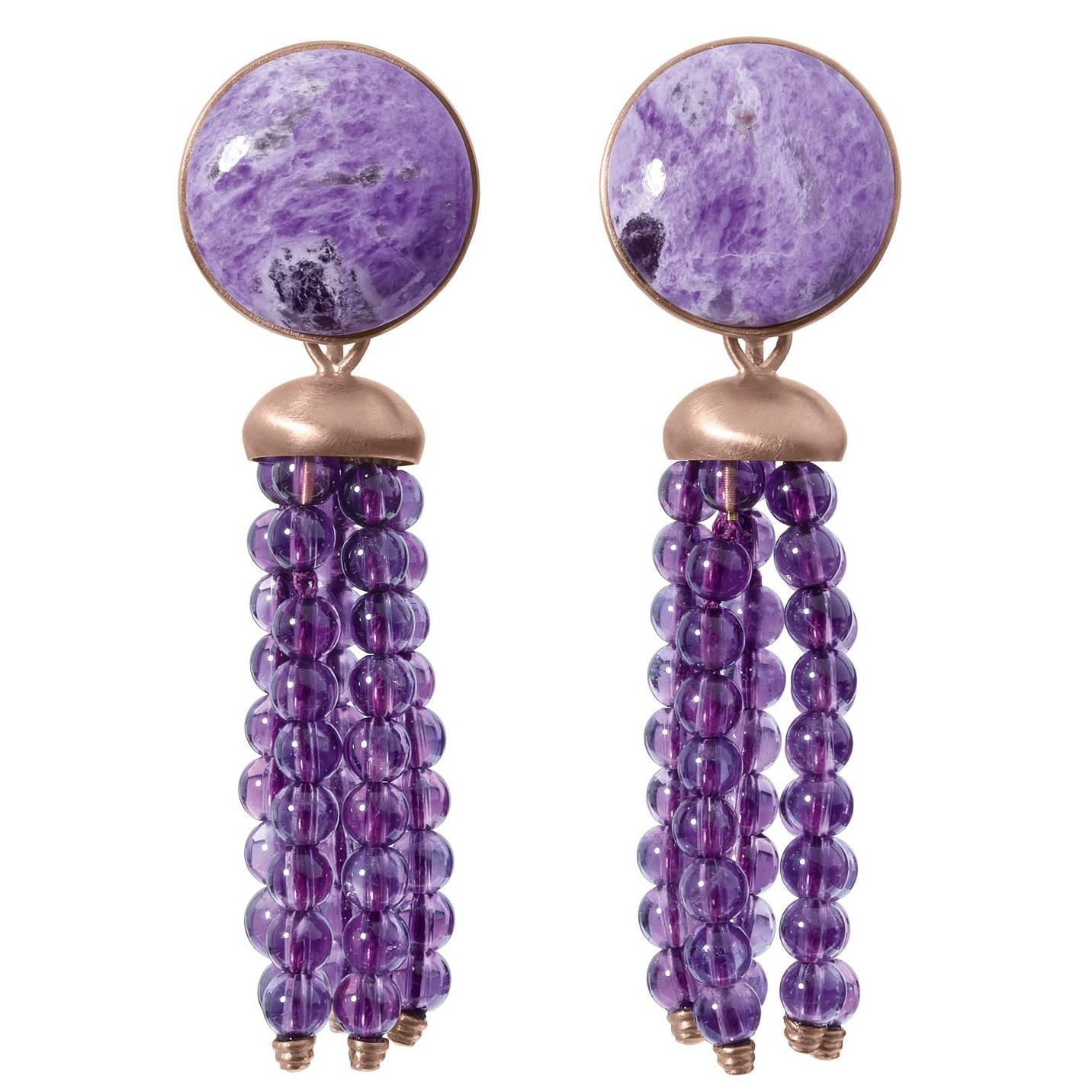 Roman Style Sugelite Amethyst Red 18Kt Gold Stud and Dangle Drop Earrings  For Sale
