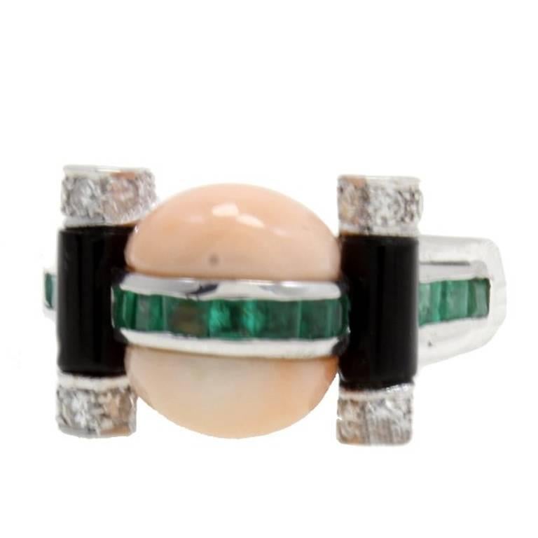  Gold Diamond Emerald Coral Onyx Ring