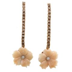 Gold Diamond Coral Pearl Earrings