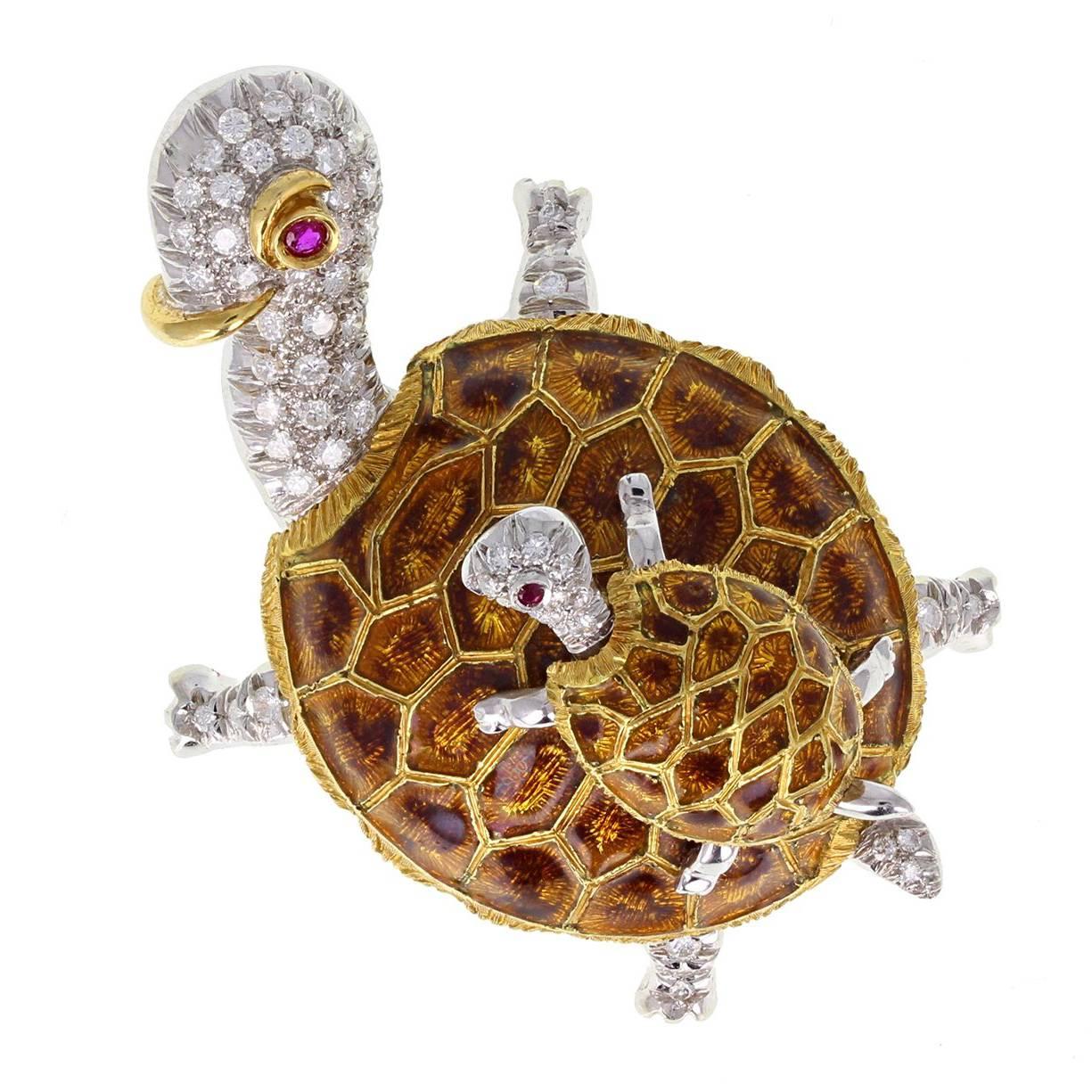 Enamel Diamond Gold Tortoise Brooch For Sale