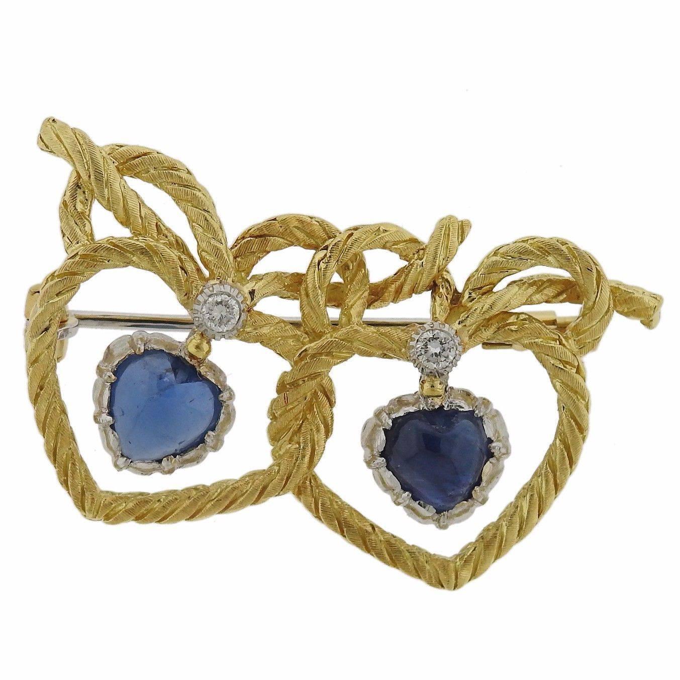 Buccellati Sapphire Diamond Gold Heart Brooch Pin