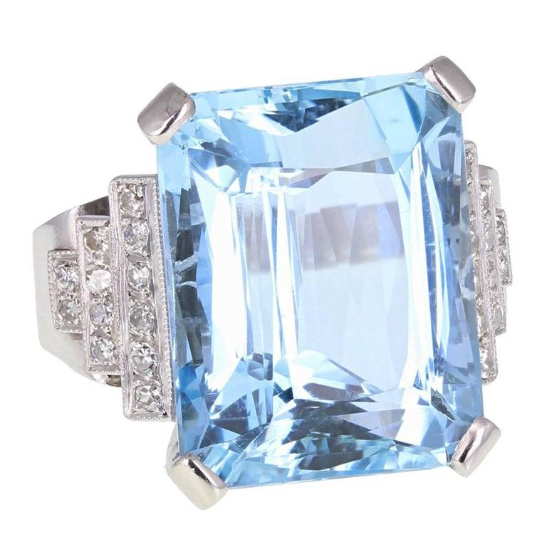 Art Deco Large Aquamarine Diamond Platinum Cocktail Ring at 1stDibs