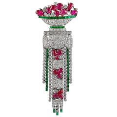 Art Deco Ruby Emerald Diamond Brooch 1