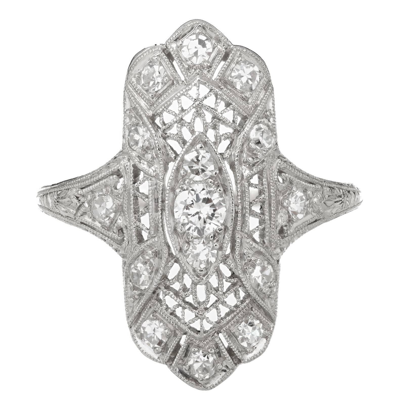Edwardian Art Deco Diamond Platinum Filigree Cocktail Ring