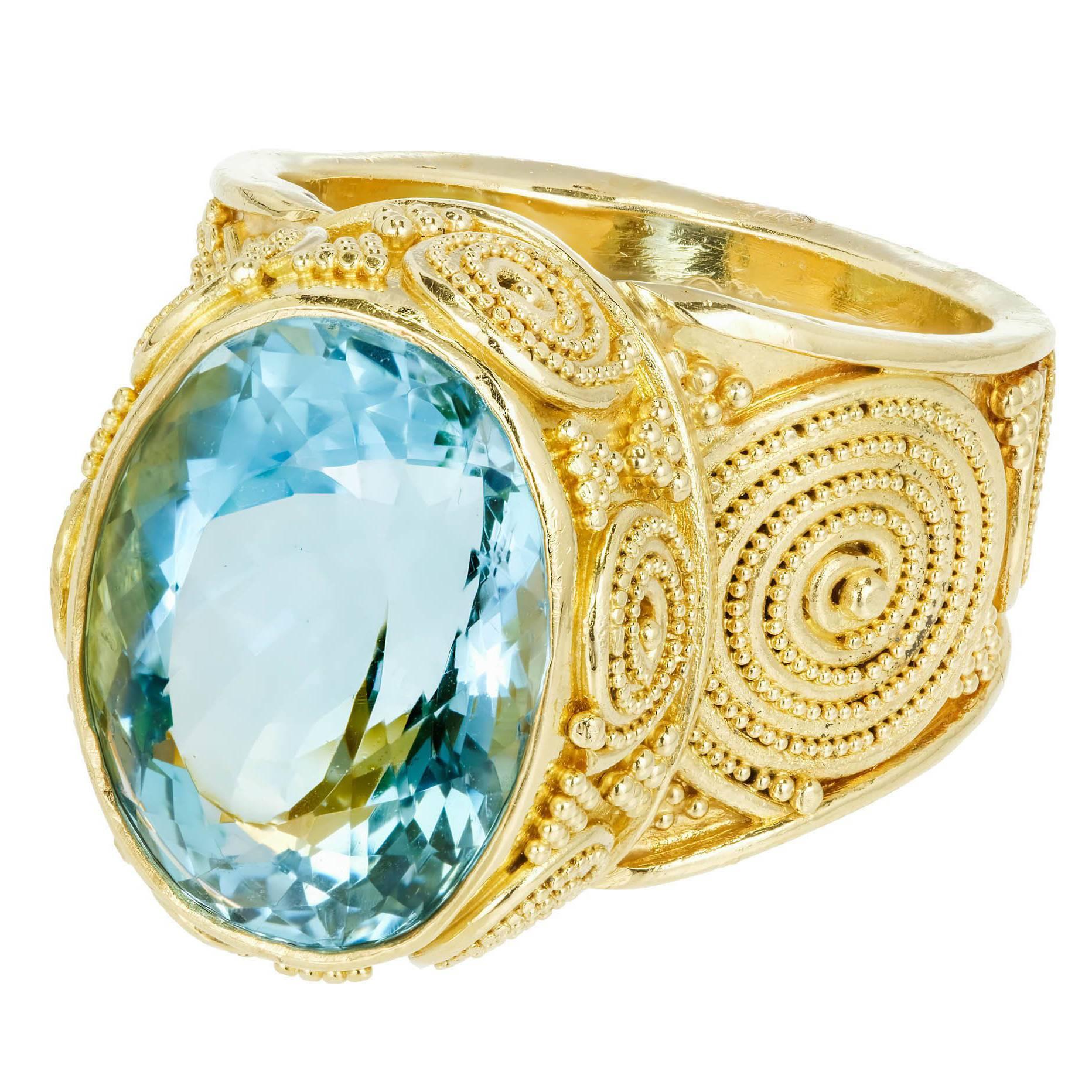 Luna Felix 9.41 Carat Oval Aquamarine Granulated Yellow Gold Cocktail Ring