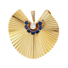 Sapphire Diamond 3-D Fluted Gold Pin Pendant