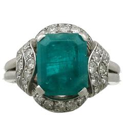 Retro 3.75 Carat Emerald Diamond Platinum Ring, 1950s