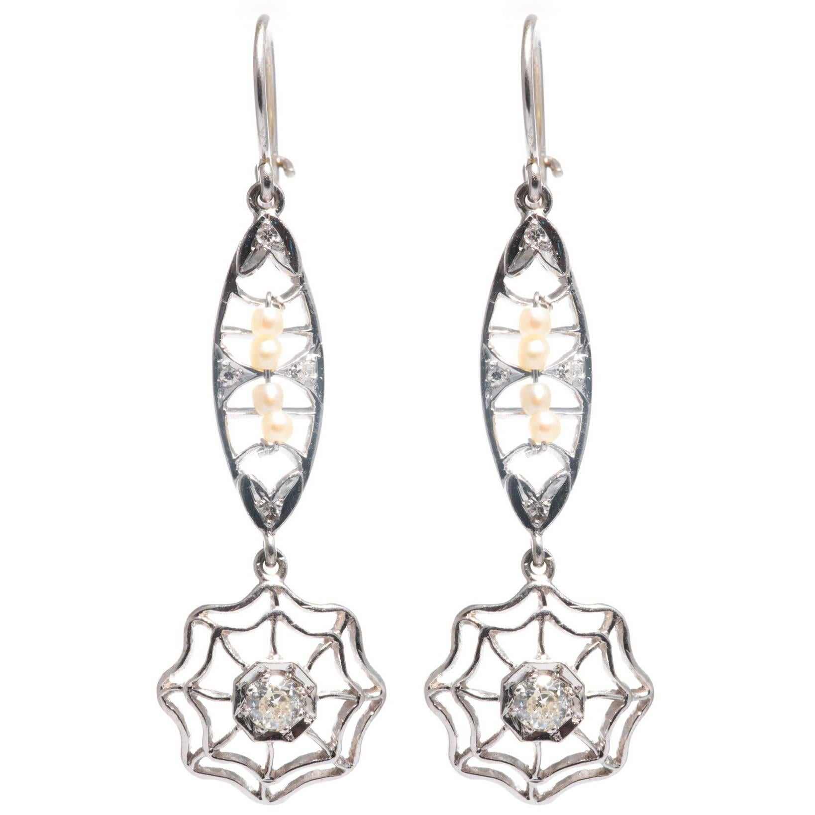 Art Deco Diamond Platinum Dreamcatcher Earrings For Sale