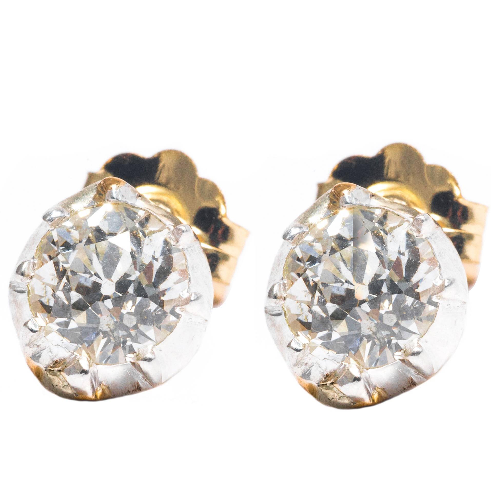 0.40 Carat Diamond Silver Yellow Gold Stud Earrings For Sale