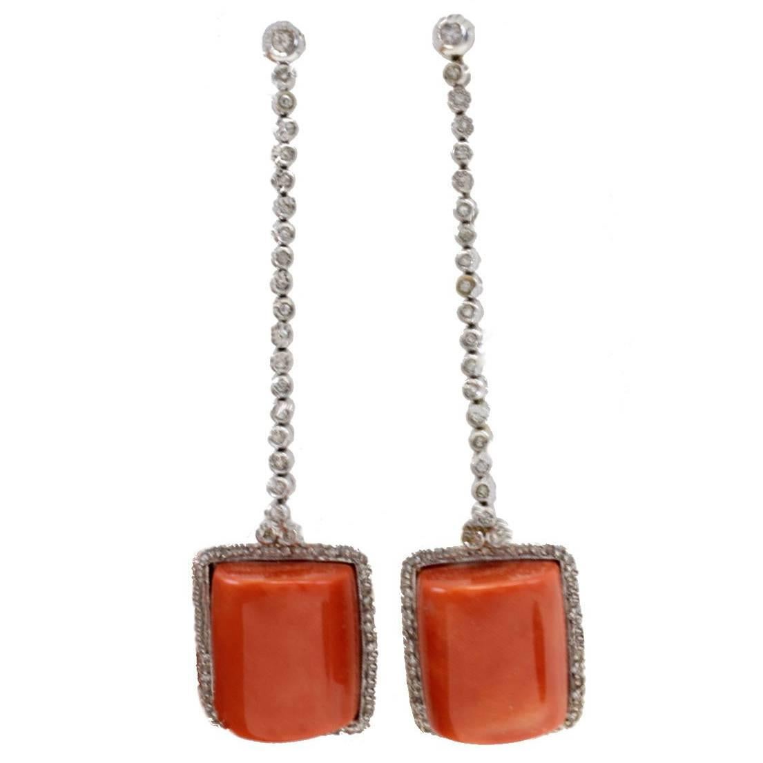 White Diamonds, Square Shape Red Coral, White Gold Dangle Earrings