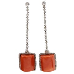 White Diamonds, Square Shape Red Coral, White Gold Dangle Earrings