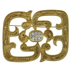 1970s Large Diamond Gold Brooch Pendant