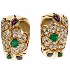 Italian Emerald Sapphire Ruby Diamond Gold Hoop Clip Post Earrings