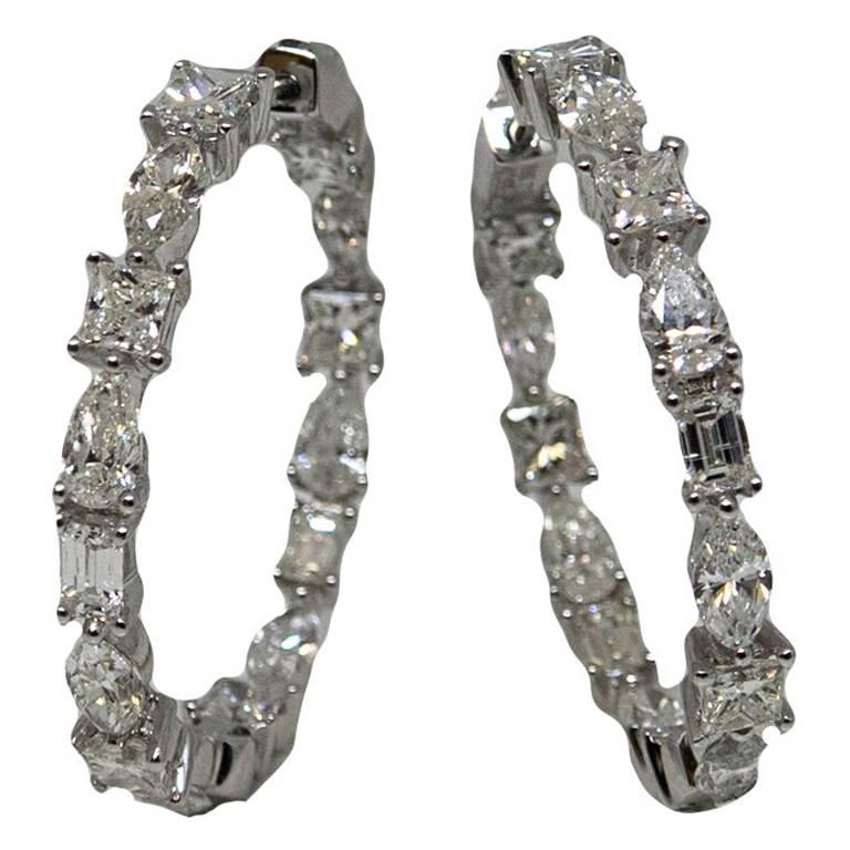 Pear Emerald Princess Cut Diamonds White Gold Hoop Earrings For Sale