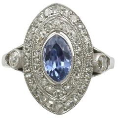 1910s Antique French Sapphire and Diamond White Gold Marquise Ring 3