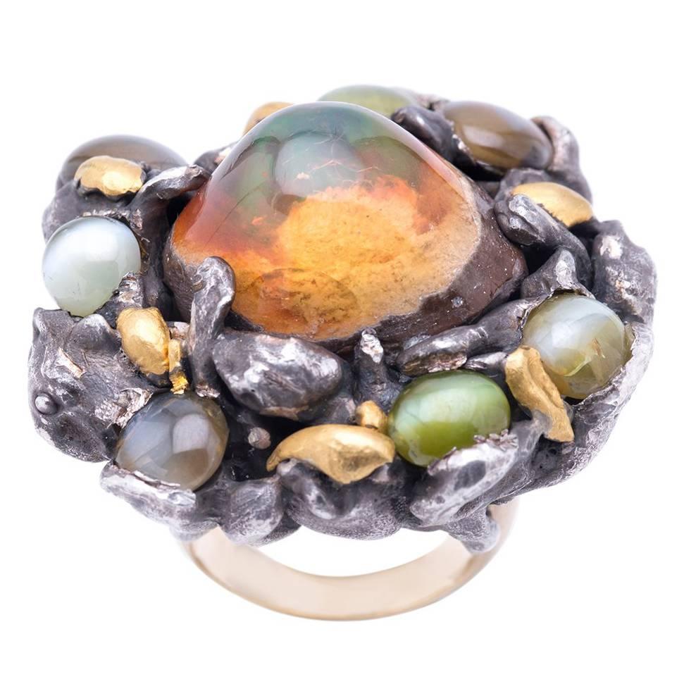 Beryl Gelatin Opal Silver Gold Contemporary Milky Way Ring For Sale