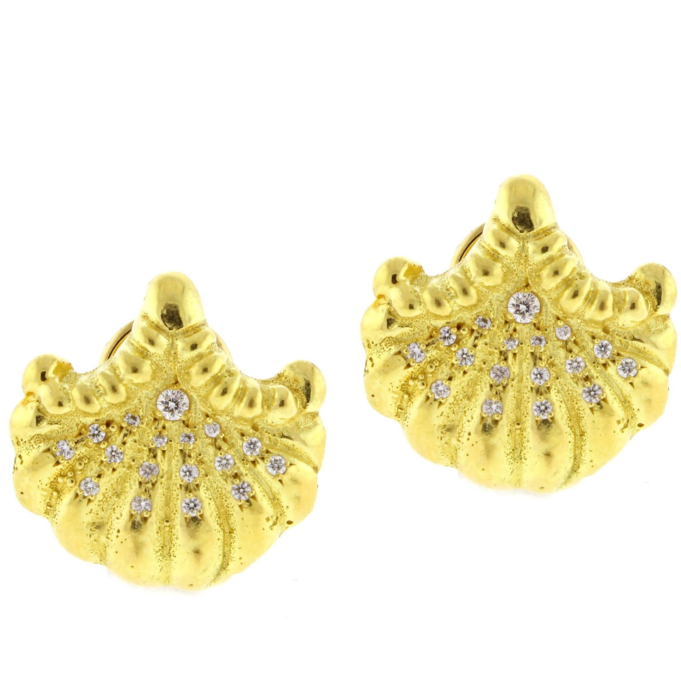 Elizabeth Gage Diamond Gold Shell Earrings