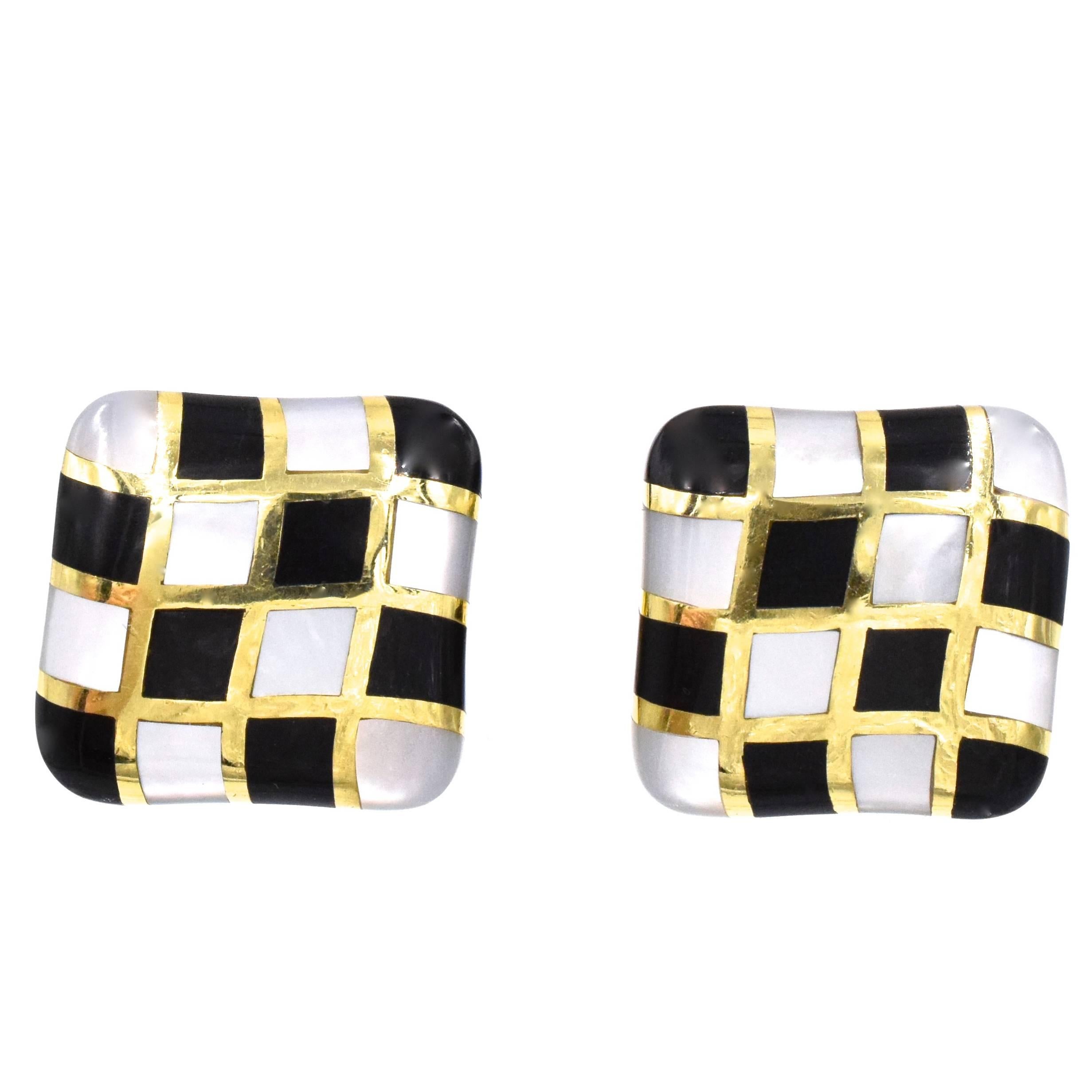 Angela Cummings Onyx Mother of Pearl Gold Ear Clips