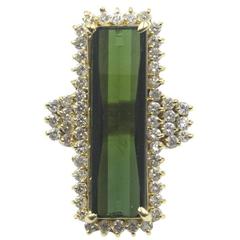 Retro 1960s Green Tourmaline Diamond Yellow Gold Ring