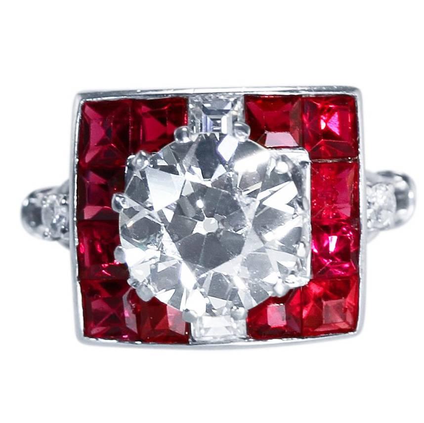 Art Deco 2.83 Carat Diamond and Natural Red Spinel Ring