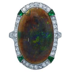 Antique Stunning Black Opal Diamond Emerald Ring