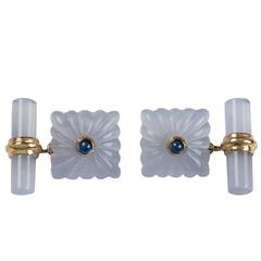 Carved Squared Chalcedony and Sapphires Gold Cufflinks 7