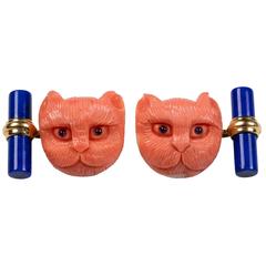 Mediterranean Coral Cat Lapis Lazuli Sapphires Gold Cufflinks 7