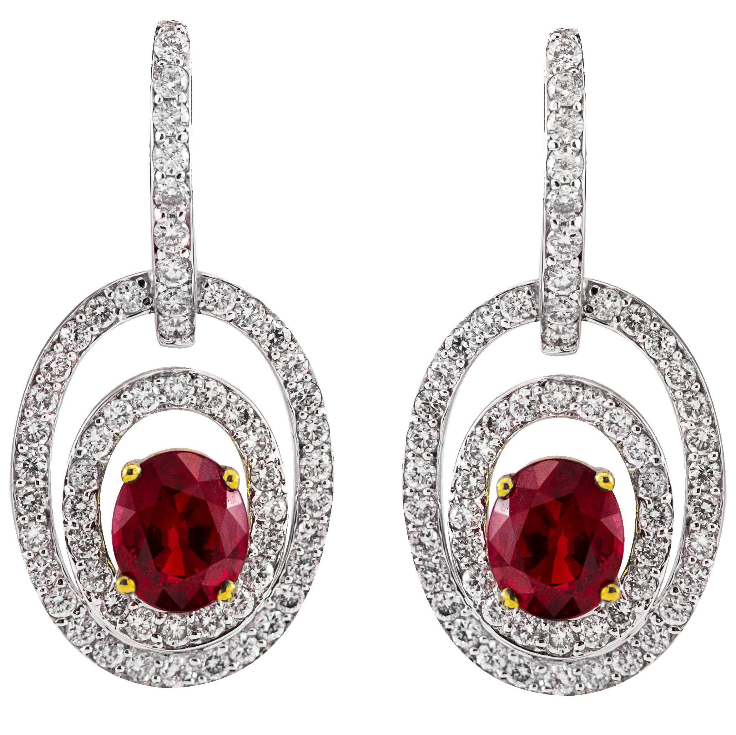 Roman Malakov 2.67 Oval Cut Ruby with Round Diamond Dangle Earrings For Sale