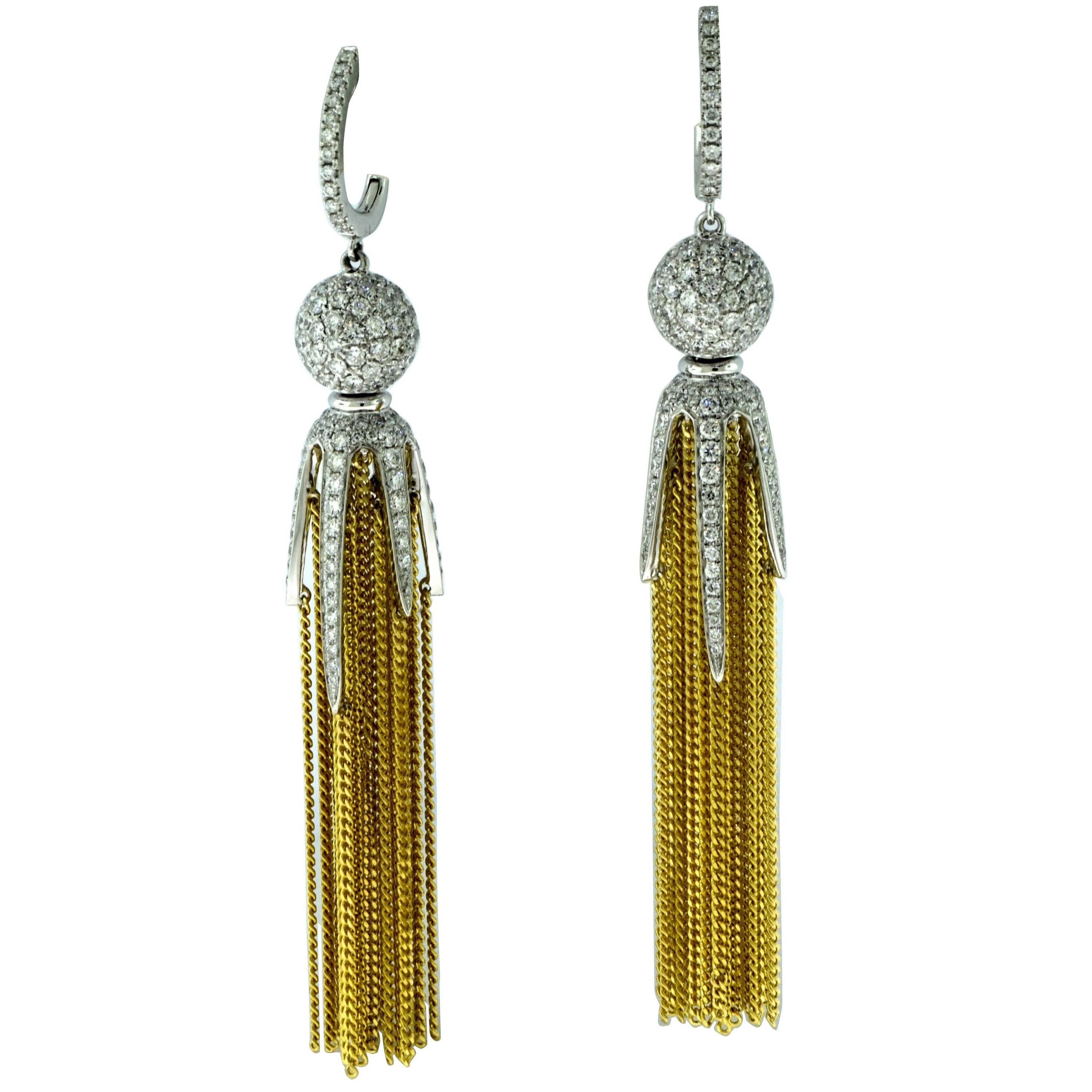 Diamond Claw Tassle Earrings in 18 Karat Yellow Gold and 18 Karat White Gold For Sale