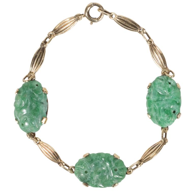 Sophisticated Mid Century Modernist Carved Jade And Gold Bracelet Sophisticated Mid Century Modernist Carved Jade And Gold Bracelet For