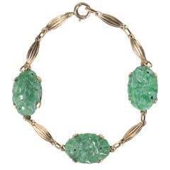 Vintage Sophisticated Mid-Century Modernist Carved Jade and Gold Bracelet