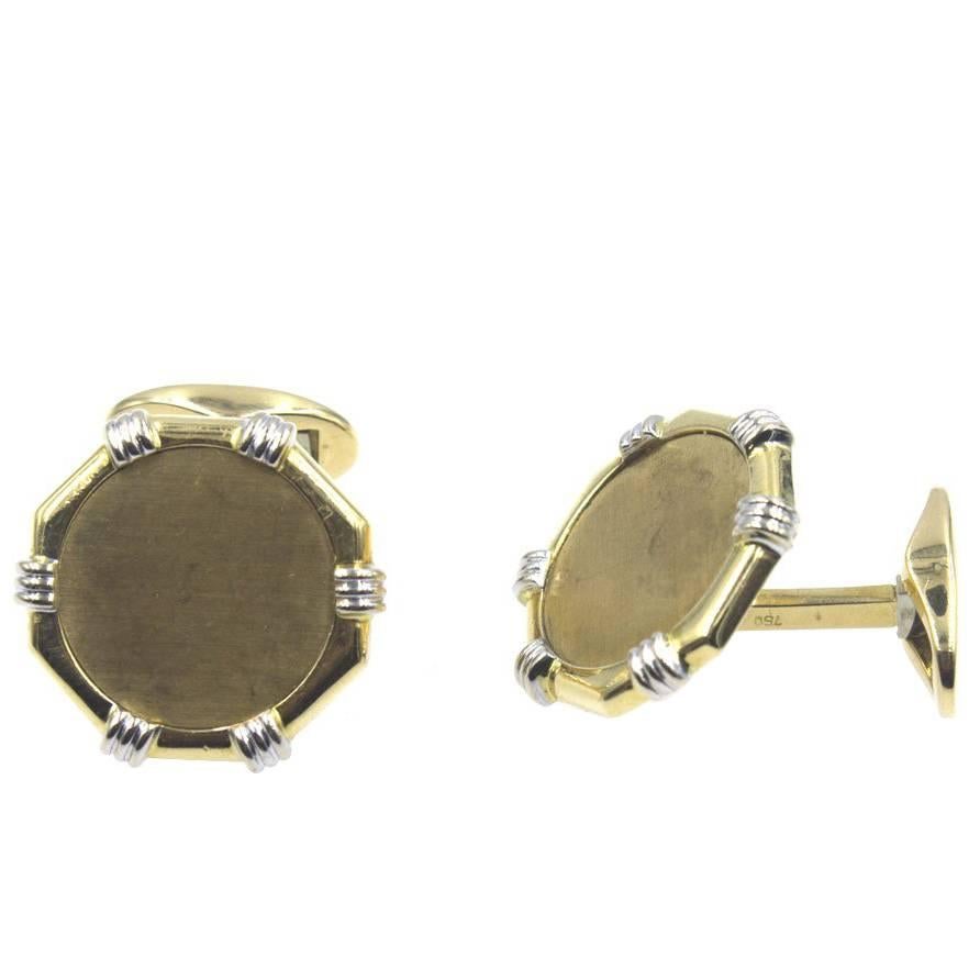 Fred Paris Two Tone 18 Karat Gold Octagon Cufflinks