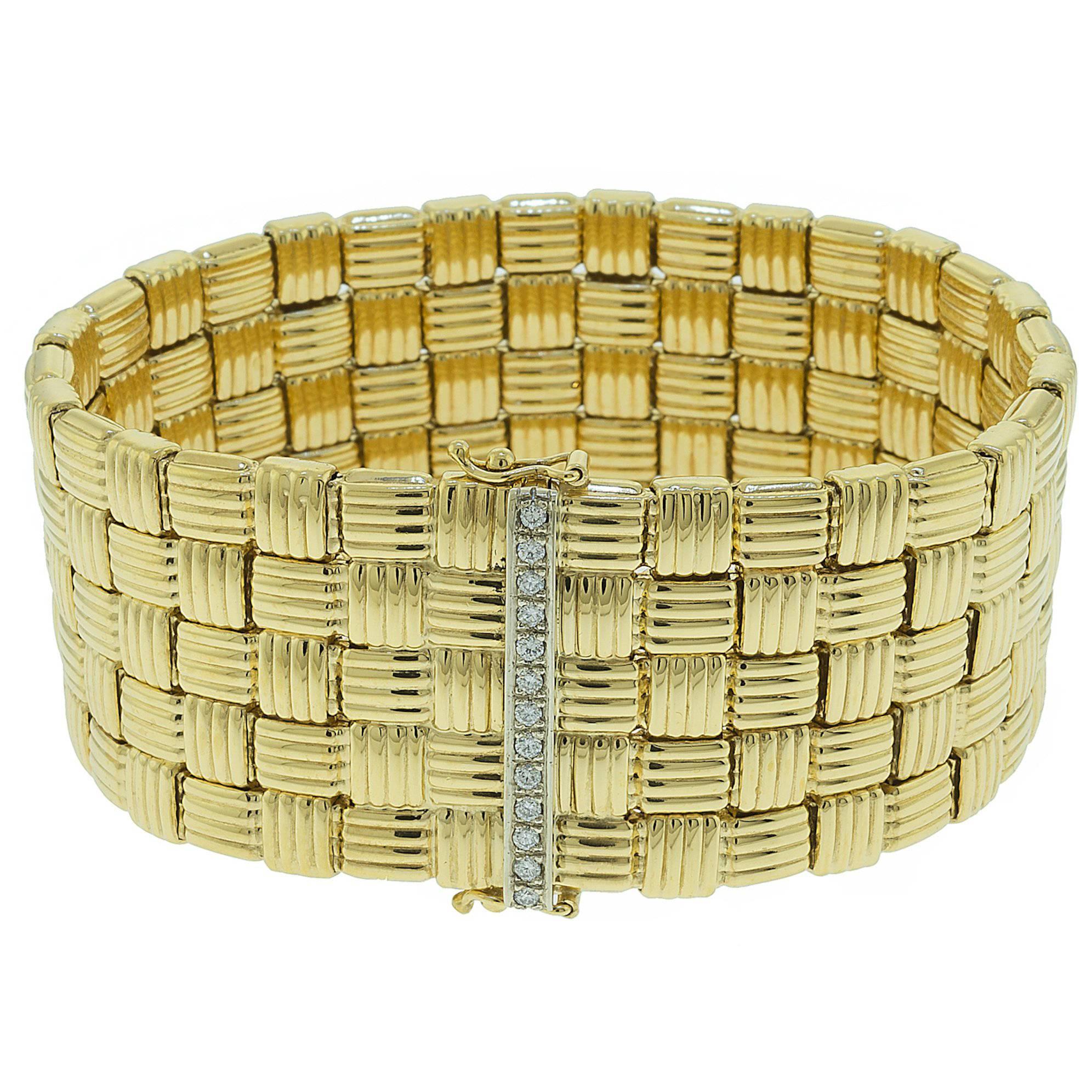 Yellow Gold Wide Basketweave Bracelet with Diamond White Gold Clasp For Sale