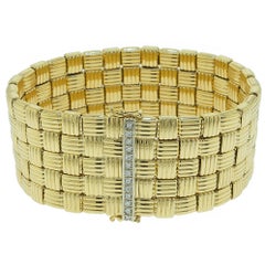 Yellow Gold Wide Basketweave Bracelet with Diamond White Gold Clasp