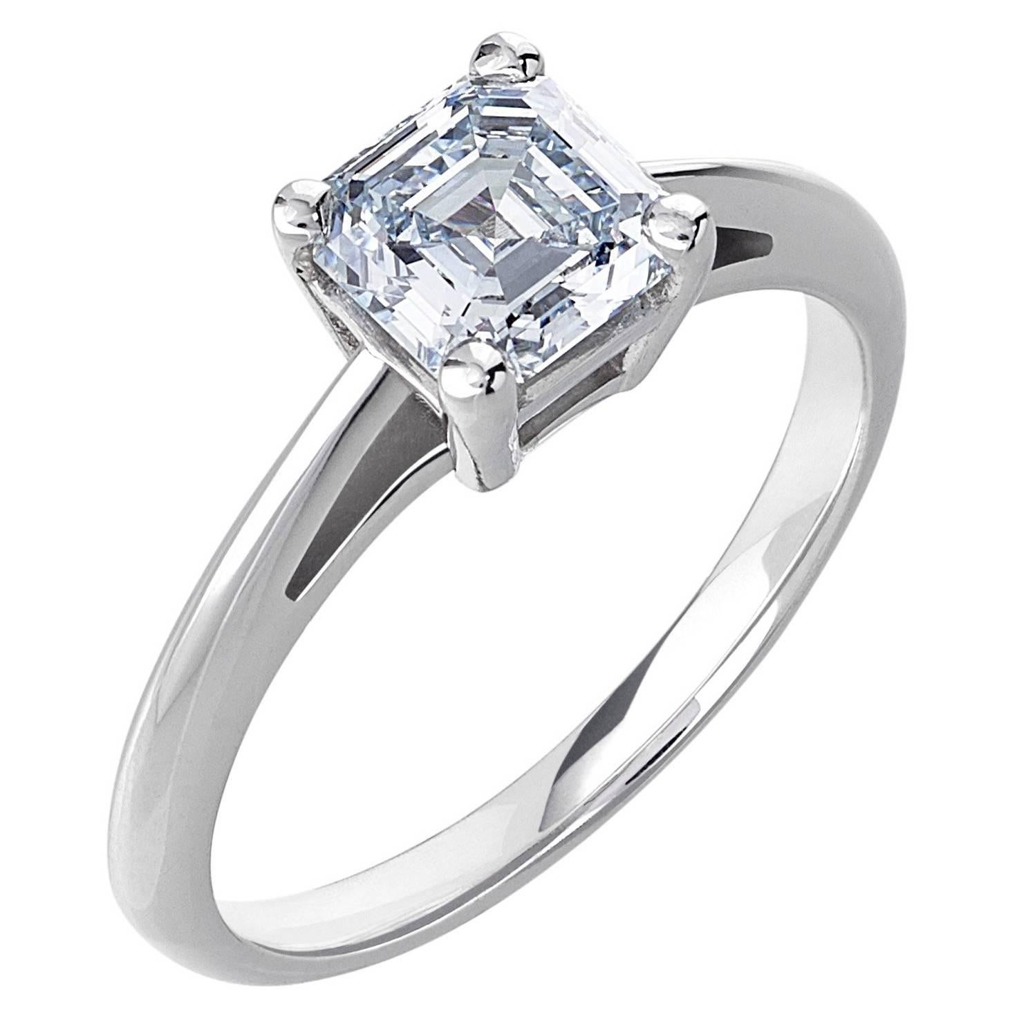 White Gold Asscher Cut White Diamond Solitaire Engagement Ring For Sale