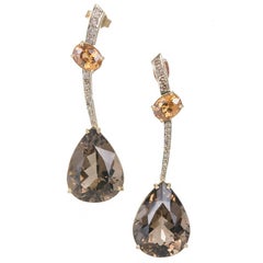 Smoky Quartz Citrine Diamond Gold Dangle Earrings