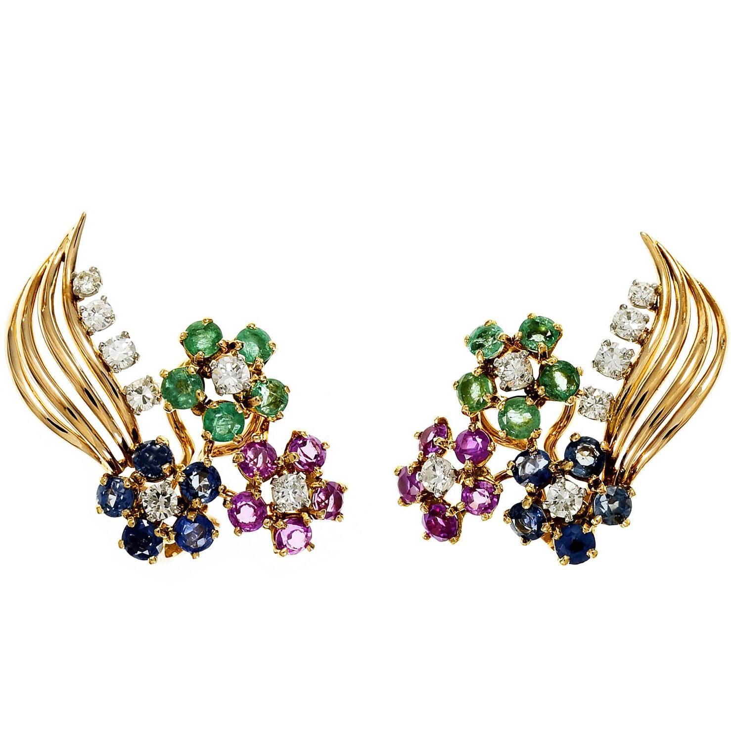 Diamond Emerald Sapphire Ruby Gold Flower Earrings