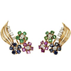 Diamond Emerald Sapphire Ruby Gold Flower Earrings Diamond Emerald Sapphire Ruby Gold Flower Earrings