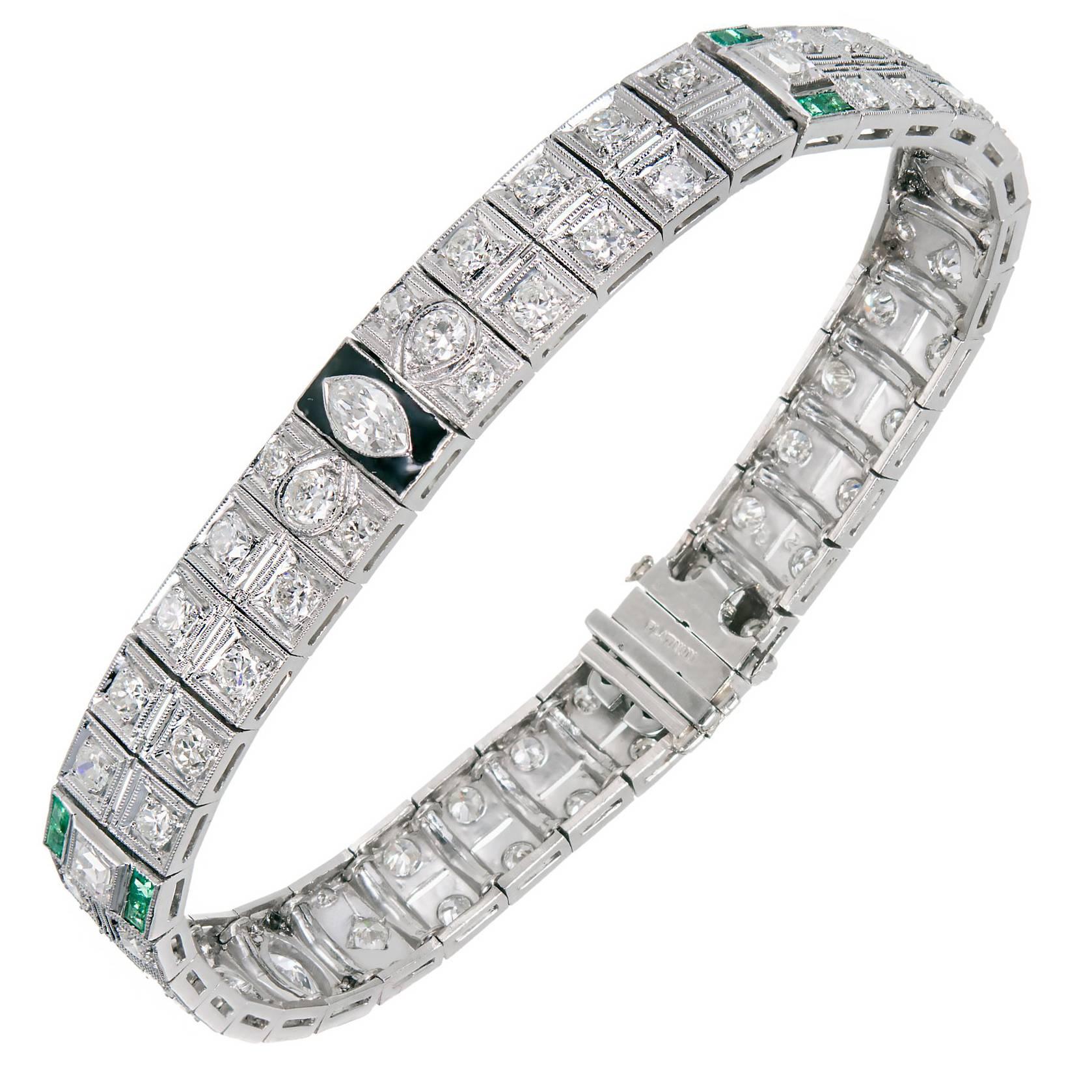Art Deco Emerald Black Enamel Diamond Platinum Bracelet